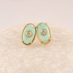 Chrysoprase Stud Earrings - 12x7mm Oval Shaped Sterling Silver Earring - Gold Plated Handmade Earring - Multi Stone Earrings - Jewelry For Her