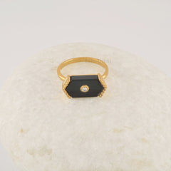 Black Onyx Ring - Pure Silver - Handcrafted Ring - Trendy Jewelry - Gold Plated - 15x8mm Hexagon Ring - Gift For Wife