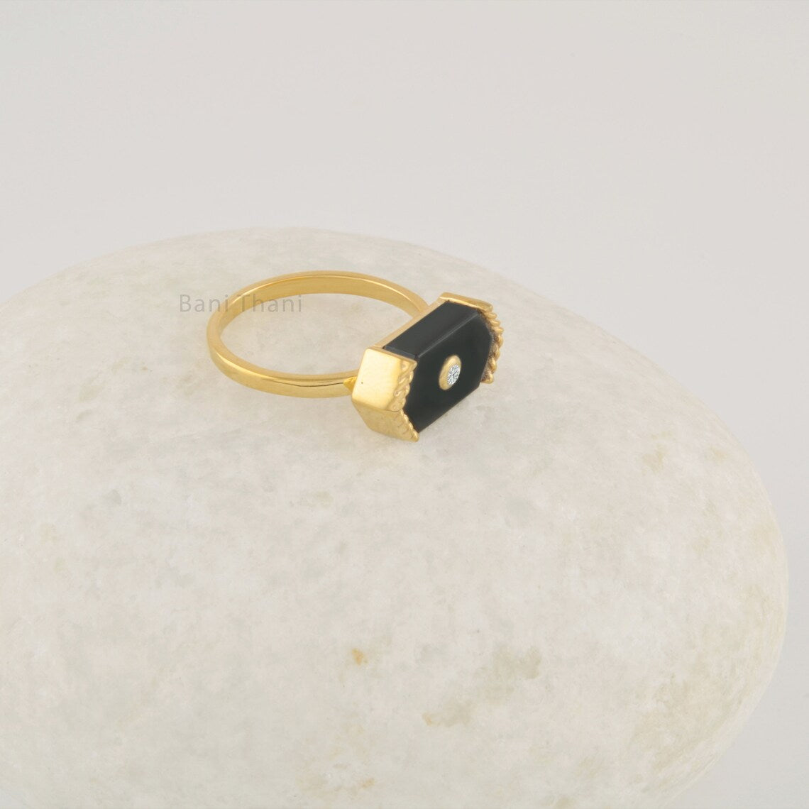 Black Onyx Ring - Pure Silver - Handcrafted Ring - Trendy Jewelry - Gold Plated - 15x8mm Hexagon Ring - Gift For Wife