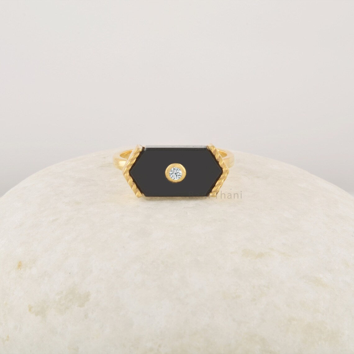 Black Onyx Ring - Pure Silver - Handcrafted Ring - Trendy Jewelry - Gold Plated - 15x8mm Hexagon Ring - Gift For Wife