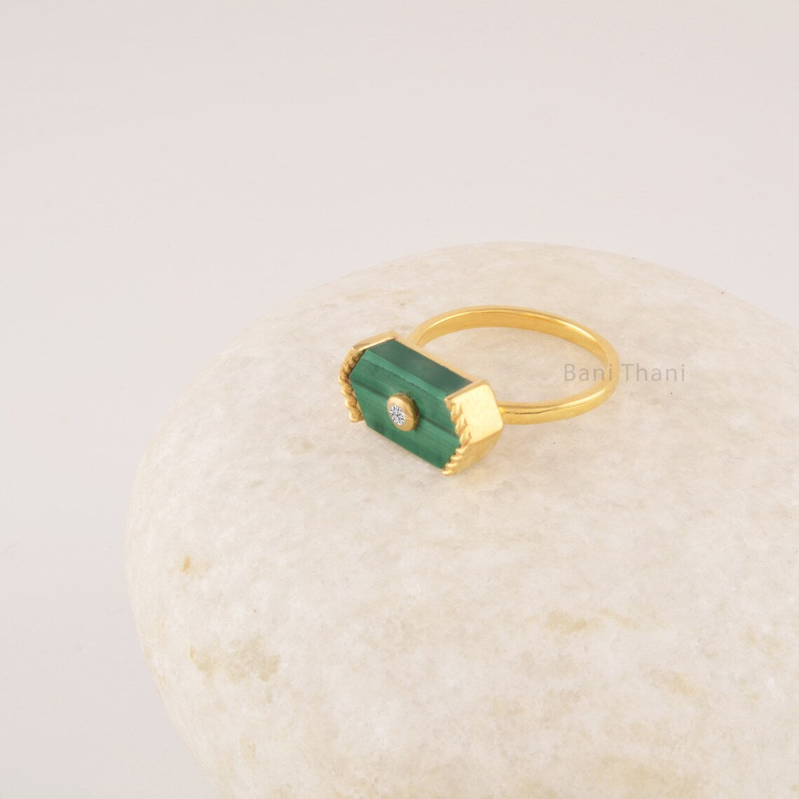 Malachite Gemstone Ring - 15x8mm Hexagon Silver Ring - Statement Ring - 18k Gold Plated Ring - Gift For Artist Woman - Trendy Jewelry