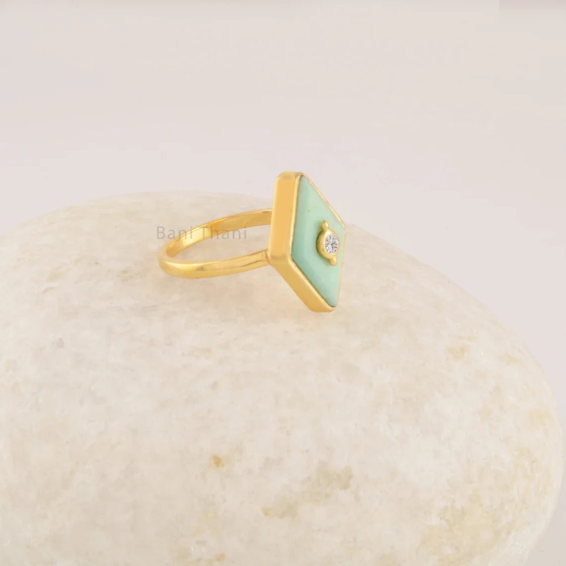 Chrysoprase Ring - 17x10mm Lozenge Shaped Sterling Silver Ring - Gold Plated Handcrafted Ring - Gifts For Mother