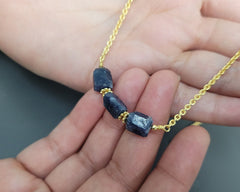 Natural Blue Sapphire Necklace, 925 Sterling Silver, Gold Plated, Pendant Chain Necklace, Raw Beaded Necklace For Girl