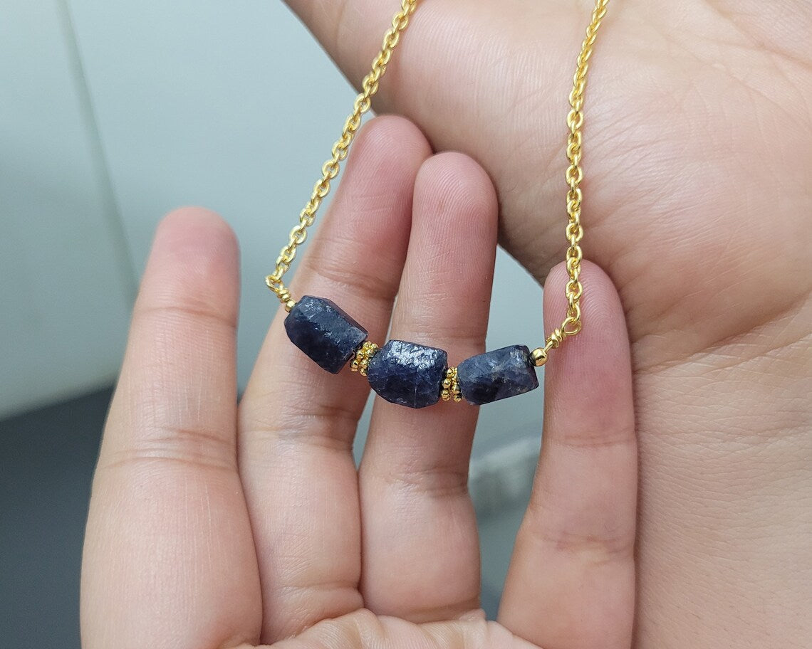 Natural Blue Sapphire Necklace, 925 Sterling Silver, Gold Plated, Pendant Chain Necklace, Raw Beaded Necklace For Girl