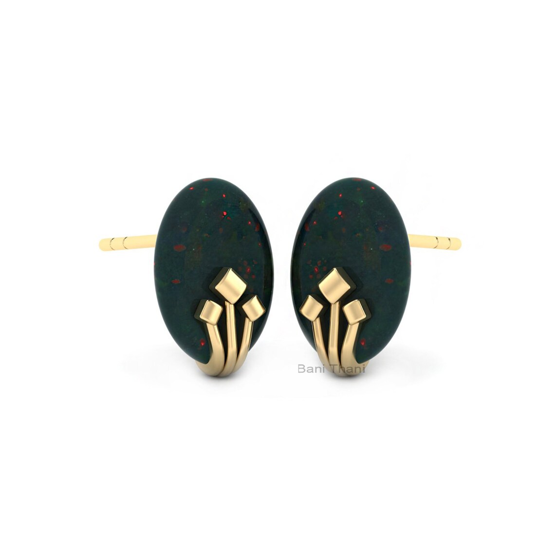 Bloodstone Stud Earring, 925 Pure Silver, 13x9mm Oval Gemstone Earring, Three Band Earring, Gold Plated Studs