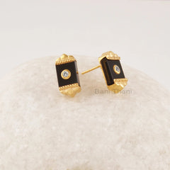 Black Onyx Stud Earrings - 925 Sterling Silver Earring - Art Deco Jewelry - Dainty Gold Plated Stud - 9x7mm Rectangle Earring