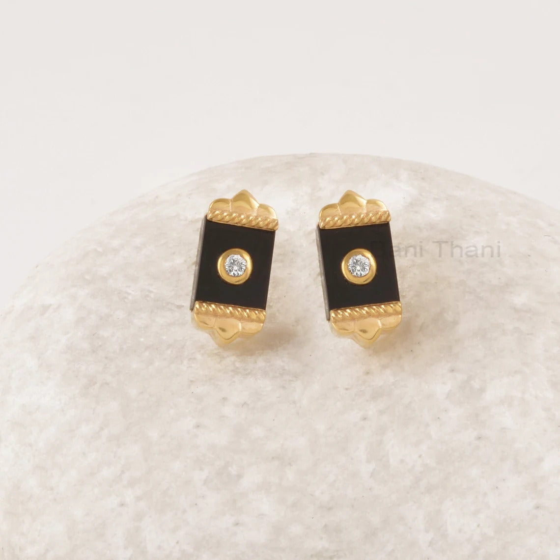 Black Onyx Stud Earrings - 925 Sterling Silver Earring - Art Deco Jewelry - Dainty Gold Plated Stud - 9x7mm Rectangle Earring