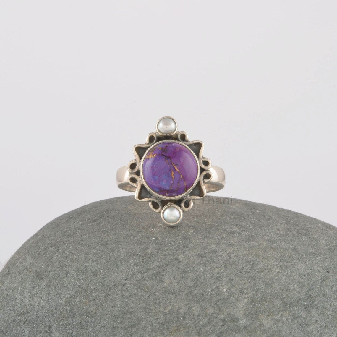 Turquoise-Pearl Gemstone Ring, Solid Silver Ring, Mother's Day Gift, 10mm Purple Copper Ring, Ethnic Style Handmade Silver Ring, Boho Ring