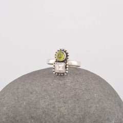 Peridot Ring Sterling Silver, 4mm Quartz Gemstone Ring, Multi Stone Ring, Boho Jewelry For Anniversary Gift, Women's Ring, Jade Silver Ring