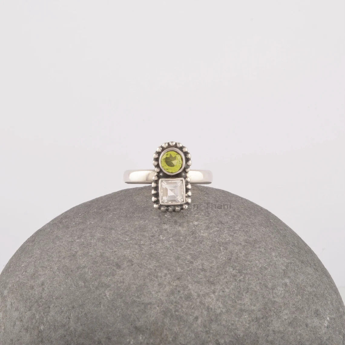 Peridot Ring Sterling Silver, 4mm Quartz Gemstone Ring, Multi Stone Ring, Boho Jewelry For Anniversary Gift, Women's Ring, Jade Silver Ring