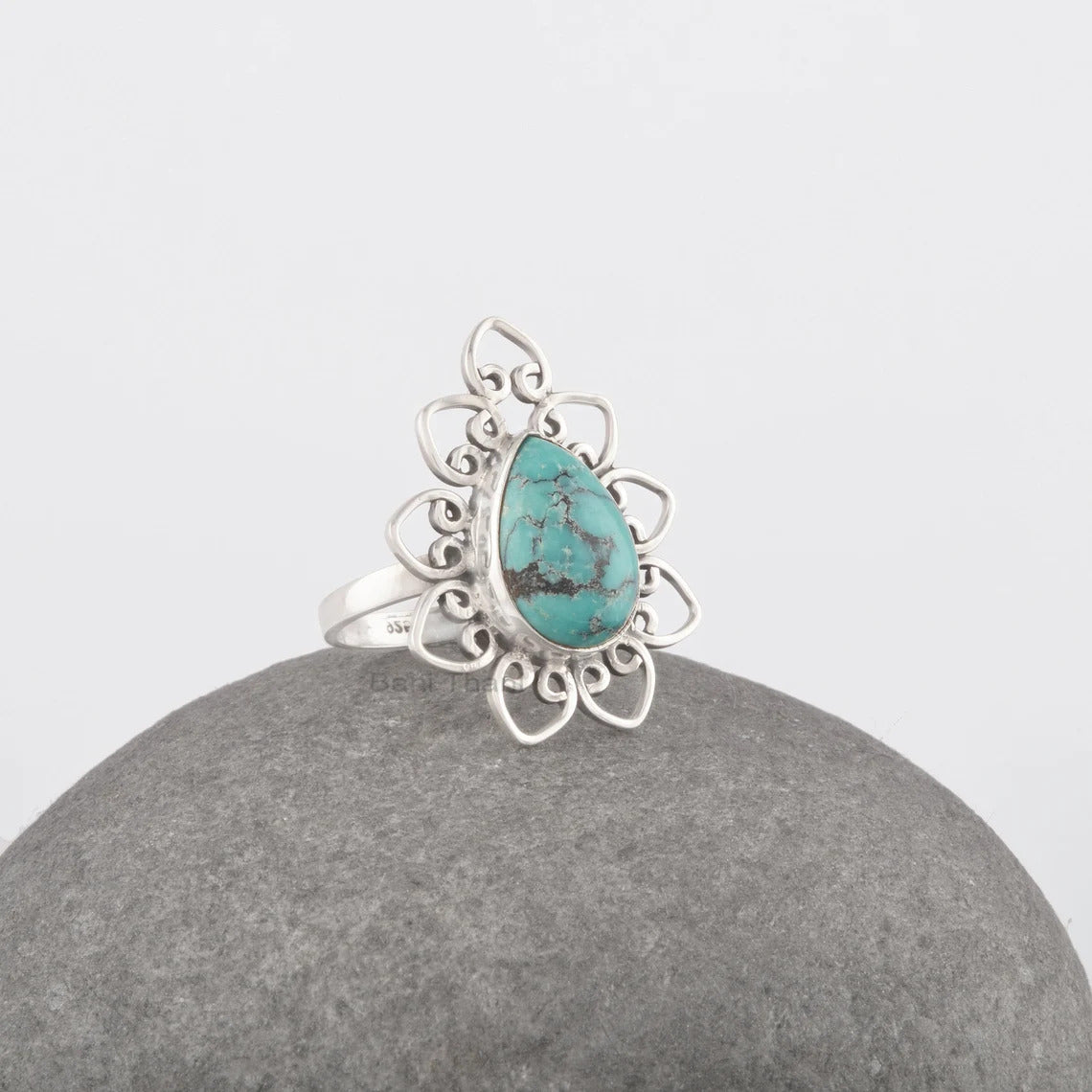 Tibetan Turquoise Gemstone Ring, Solid Silver Ring, 9x13mm Pear Shape Turquoise Ring, Filigree Ring, Boho Ring, Anniversary Gift For Women