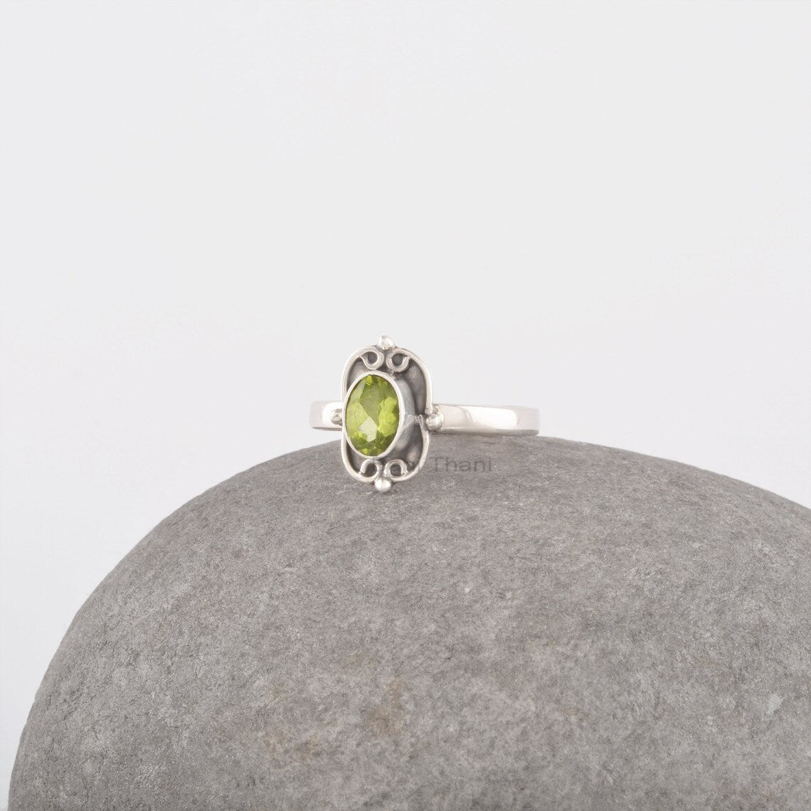 Peridot Silver Ring, Solid 925 Sterling Silver 5x7mm Oval Gemstone Ring, Anniversary Gift Ring For Women, Filigree Ring, Birthstone Ring