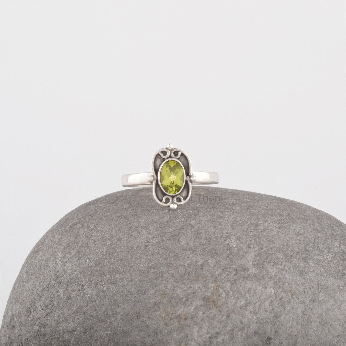 Peridot Silver Ring, Solid 925 Sterling Silver 5x7mm Oval Gemstone Ring, Anniversary Gift Ring For Women, Filigree Ring, Birthstone Ring