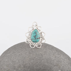 Tibetan Turquoise Gemstone Ring, Solid Silver Ring, 9x13mm Pear Shape Turquoise Ring, Filigree Ring, Boho Ring, Anniversary Gift For Women