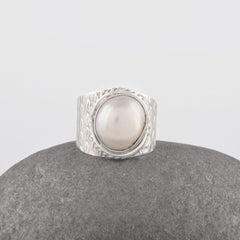 Boho Pearl Ring, Pearl Signet Ring For Gift, 20x15mm Oval Shape Natural Pearl Gemstone Ring, Handmade Texture Sterling Silver Ring For Her