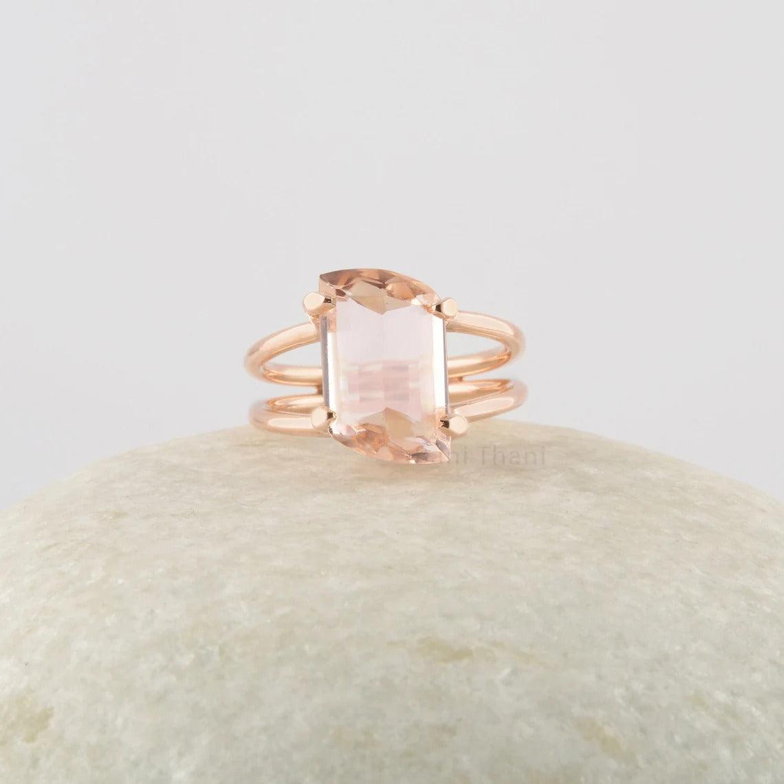 Morganite Ring, 14x8mm Fancy Shape Gemstone Ring, 925 Sterling Silver Ring, Delicate 18k Gold Plated Ring, Vintage Perfect Gift For Her