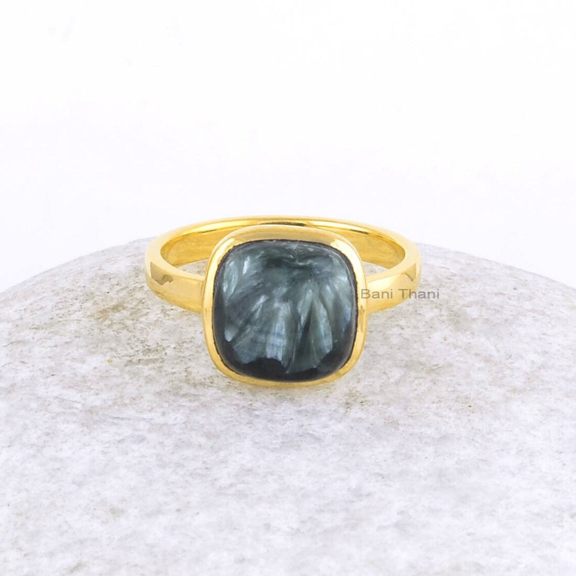 Seraphinite Gemstone Ring - 10mm Cushion Ring - Micron Gold Plated - Sterling Silver Jewelry - Gift for Wife - Brdesmaid Ring - Dainty Ring