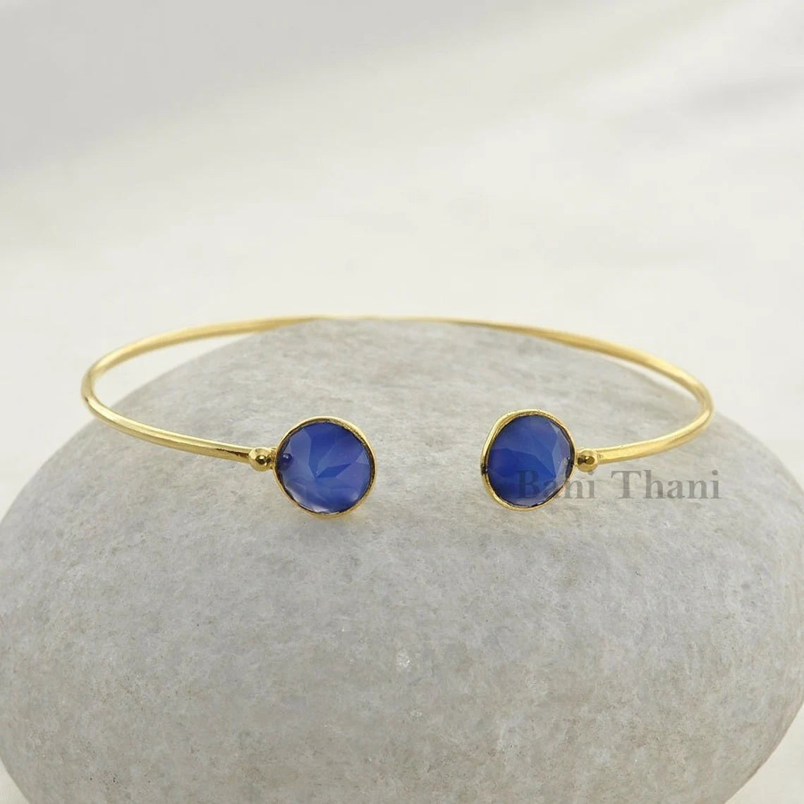 Blue Chalcedony Round Gemstone Cuff Bracelet - Gold Plated 925 Sterling Silver Bangle - Adjustable Cuff Bracelet - Christmas Gift Bracelet