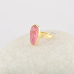 Pink Tourmaline Ring, 16x8mm Roundel Coffin Shape Gemstone Ring, Solid Silver 18k Gold Plated Ring, Dainty Promise Ring, Best Friend Gift