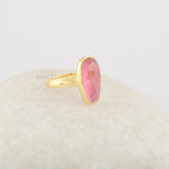 Pink Tourmaline Ring, 16x8mm Roundel Coffin Shape Gemstone Ring, Solid Silver 18k Gold Plated Ring, Dainty Promise Ring, Best Friend Gift