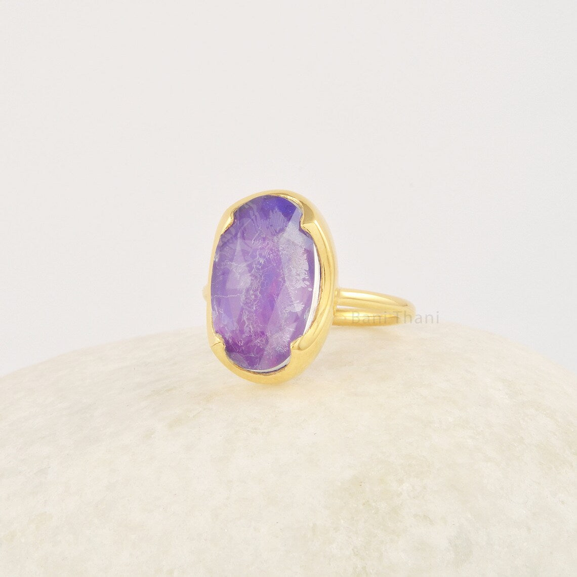 Boho Opal Ring, Aurora Opal 10x16mm Gemstone Ring, Handmade Faceted 18k Gold Plated Ring, Solid Silver Purple Opal Ring, Everyday Wear Ring