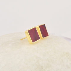 Red Aurora Opal Studs Earrings, 18k Gold Plated 9mm Flat Square Shape Gemstone Ring, 925 Sterling Silver Birthstone Studs Jewelry