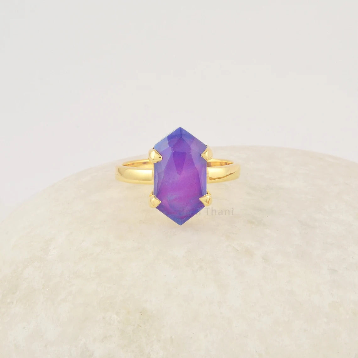 Hexagon Opal Ring, 8x15mm Aurora Opal Gemstone Ring, Sterling Silver Ring For Her, 18k Gold Plated Gift For Anniversary, Purple Opal Ring