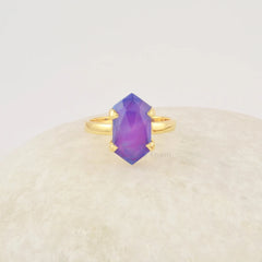 Hexagon Opal Ring, 8x15mm Aurora Opal Gemstone Ring, Sterling Silver Ring For Her, 18k Gold Plated Gift For Anniversary, Purple Opal Ring