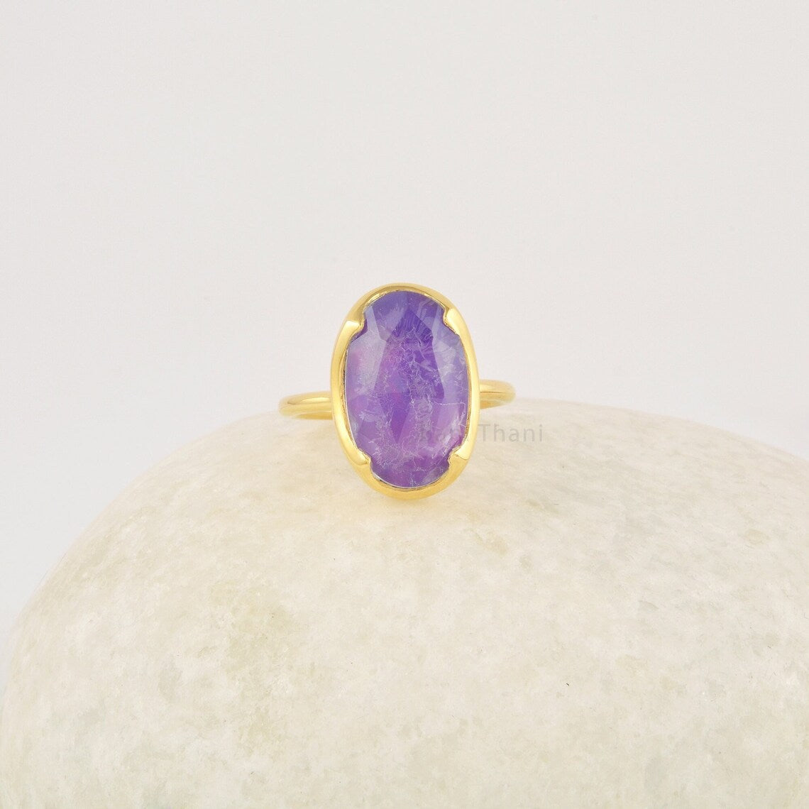 Boho Opal Ring, Aurora Opal 10x16mm Gemstone Ring, Handmade Faceted 18k Gold Plated Ring, Solid Silver Purple Opal Ring, Everyday Wear Ring