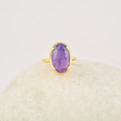 Boho Opal Ring, Aurora Opal 10x16mm Gemstone Ring, Handmade Faceted 18k Gold Plated Ring, Solid Silver Purple Opal Ring, Everyday Wear Ring