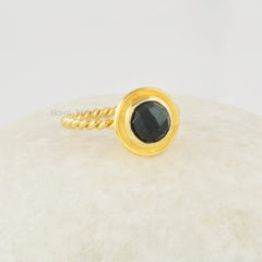 Black Onyx Ring, December Birthstone Ring, 6mm Round Gemstone Ring, 925 Sterling Silver 18k Gold Plated Ring, Twisted Band For Women Gift