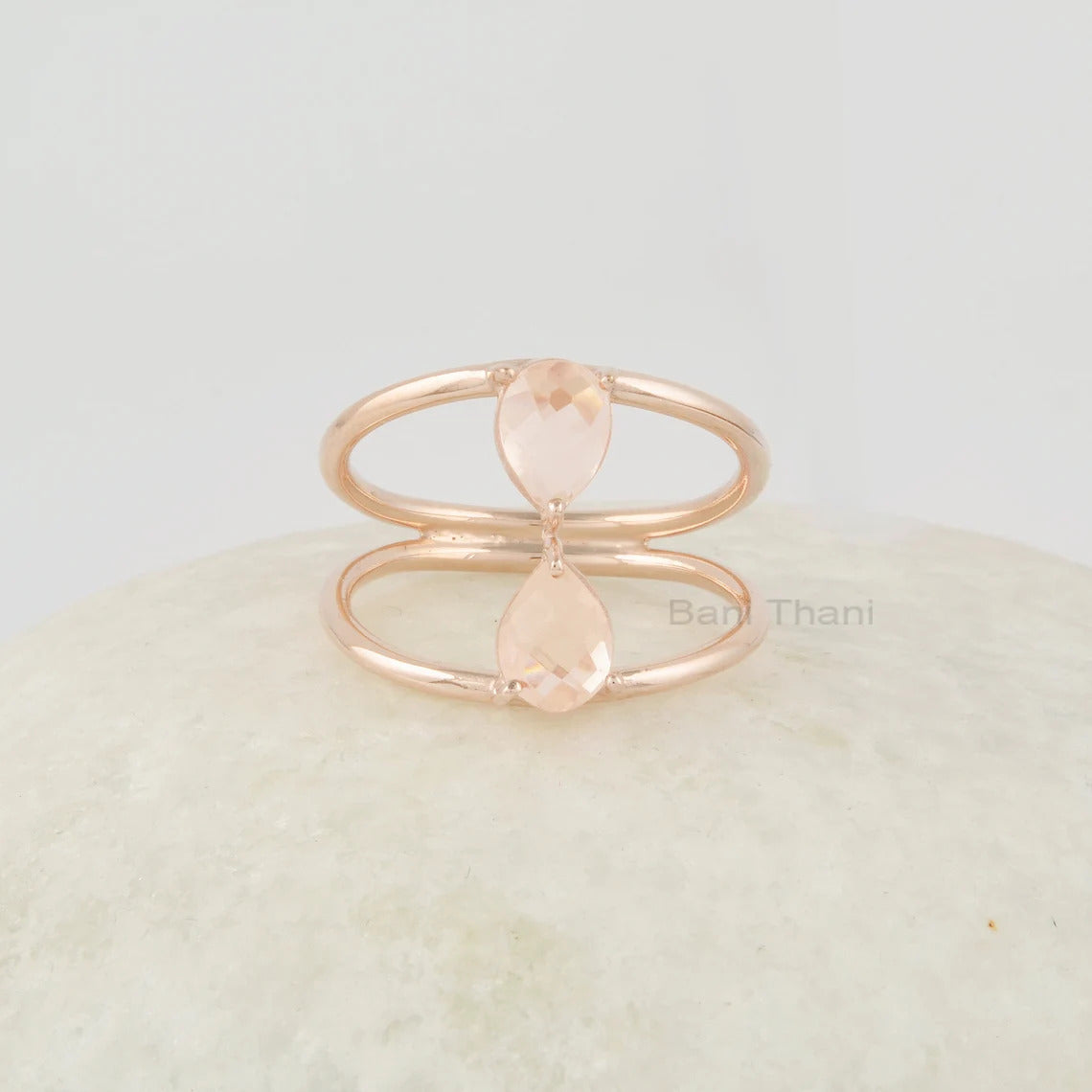 Morganite Ring, Pear 7x5mm Gemstone Ring, Handmade Solid Silver Double Band Ring, Multi Stone Rose Gold Plated Rings