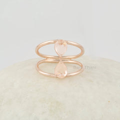 Morganite Ring, Pear 7x5mm Gemstone Ring, Handmade Solid Silver Double Band Ring, Multi Stone Rose Gold Plated Rings