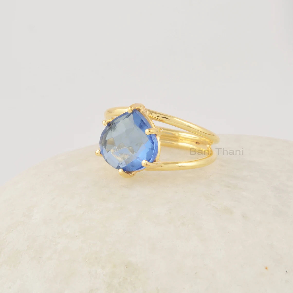 Gemstone Heart Ring, London Blue Topaz Ring, 10mm Blue Stone Ring, Heart Sterling Silver Ring, 18k Gold Plated Engagement Rings