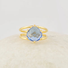 Gemstone Heart Ring, London Blue Topaz Ring, 10mm Blue Stone Ring, Heart Sterling Silver Ring, 18k Gold Plated Engagement Rings