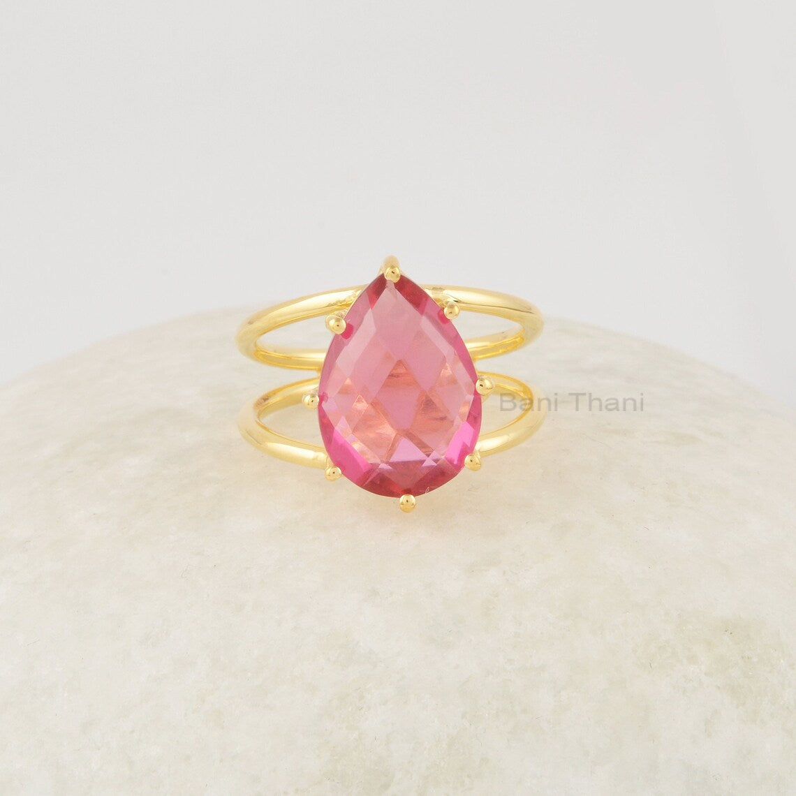 Pink Tourmaline Ring, 14x9mm Teardrop Shape Gemstone Ring, Handmade 925 Sterling Silver Double Band Ring, Dainty Women Rings