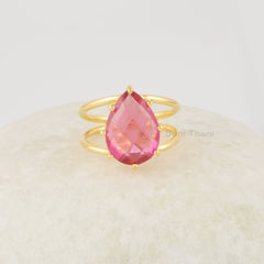 Pink Tourmaline Ring, 14x9mm Teardrop Shape Gemstone Ring, Handmade 925 Sterling Silver Double Band Ring, Dainty Women Rings