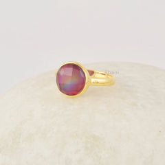 Aurora Round Cut Ring, Red Aurora Opal Ring, Handmade Sterling Silver Ring, Everyday 18K Gold Plated Minimalist Gemstone Ring For Mom