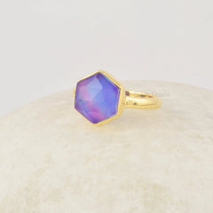 Hexagon Gemstone Ring, Sterling Silver Purple Aurora Ring, Opal Gemstone Ring, Handmade Gold Plated Ring, Minimalist Rings Jewelry