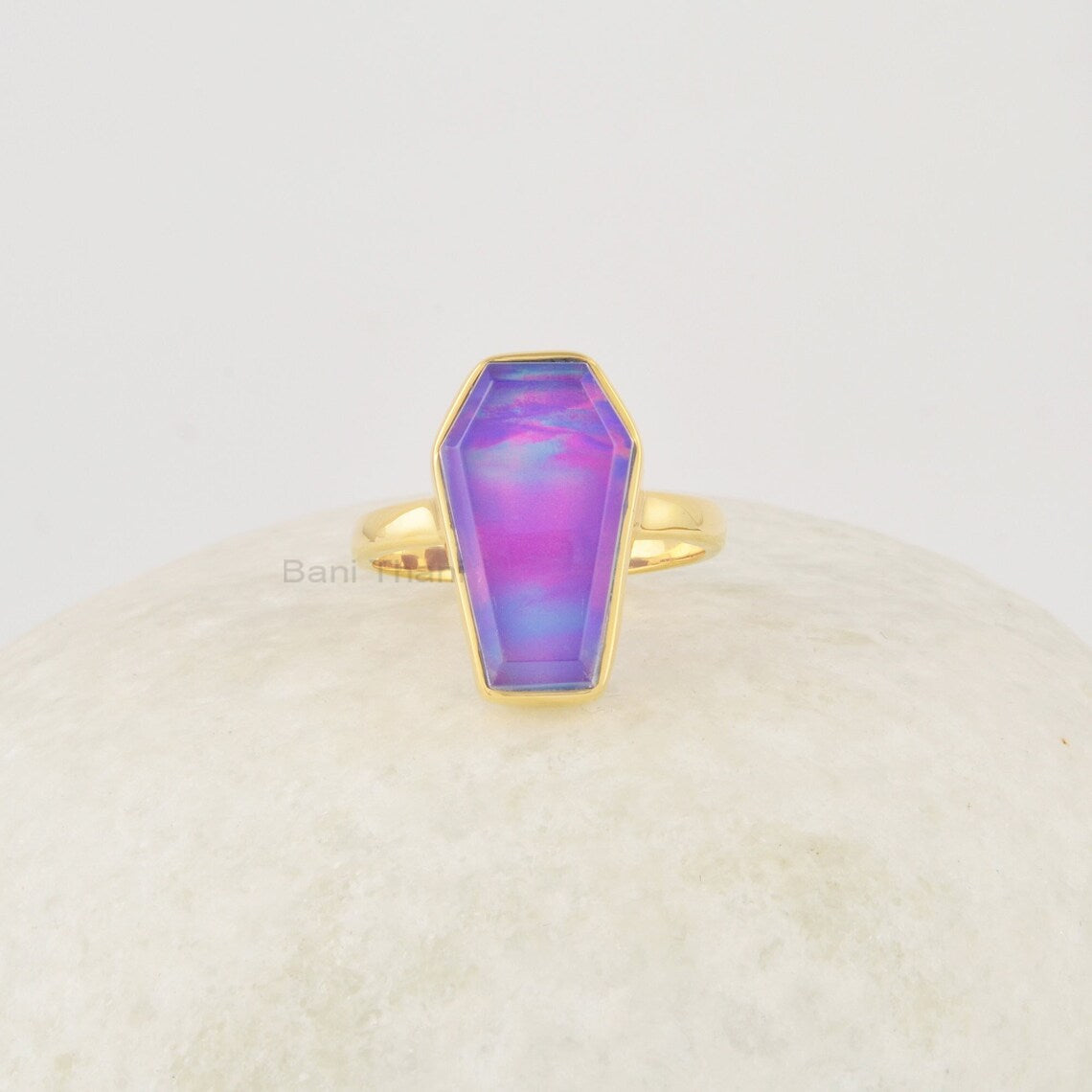 Purple Coffin Ring, Aurora Opal Ring, 10x17mm Gemstone Ring, 925 Sterling Silver Ring, 18k Gold Plated Vintage Ring, Gothic Coffin Ring