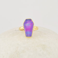 Purple Coffin Ring, Aurora Opal Ring, 10x17mm Gemstone Ring, 925 Sterling Silver Ring, 18k Gold Plated Vintage Ring, Gothic Coffin Ring