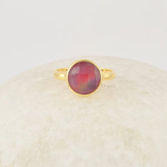 Aurora Round Cut Ring, Red Aurora Opal Ring, Handmade Sterling Silver Ring, Everyday 18K Gold Plated Minimalist Gemstone Ring For Mom