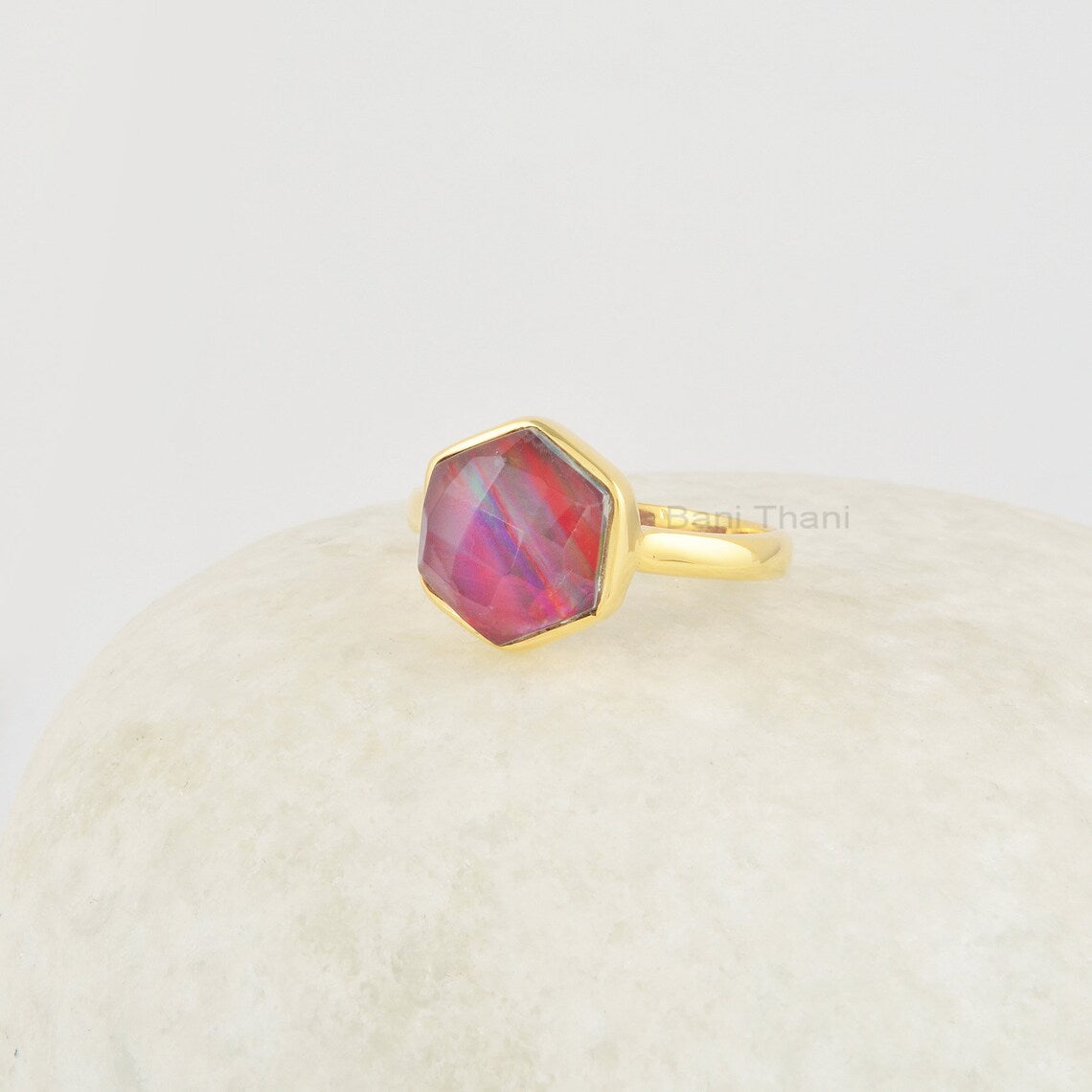 Red Aurora Opal Ring, Red Hexagon 10mm Gemstone Sterling Silver Ring, 18k Gold Plated Vintage Ring, Red Stone Ring, Red Silver Ring For Her