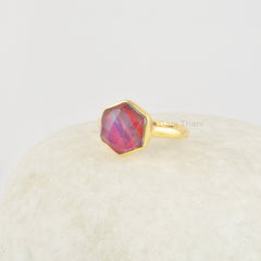 Red Aurora Opal Ring, Red Hexagon 10mm Gemstone Sterling Silver Ring, 18k Gold Plated Vintage Ring, Red Stone Ring, Red Silver Ring For Her