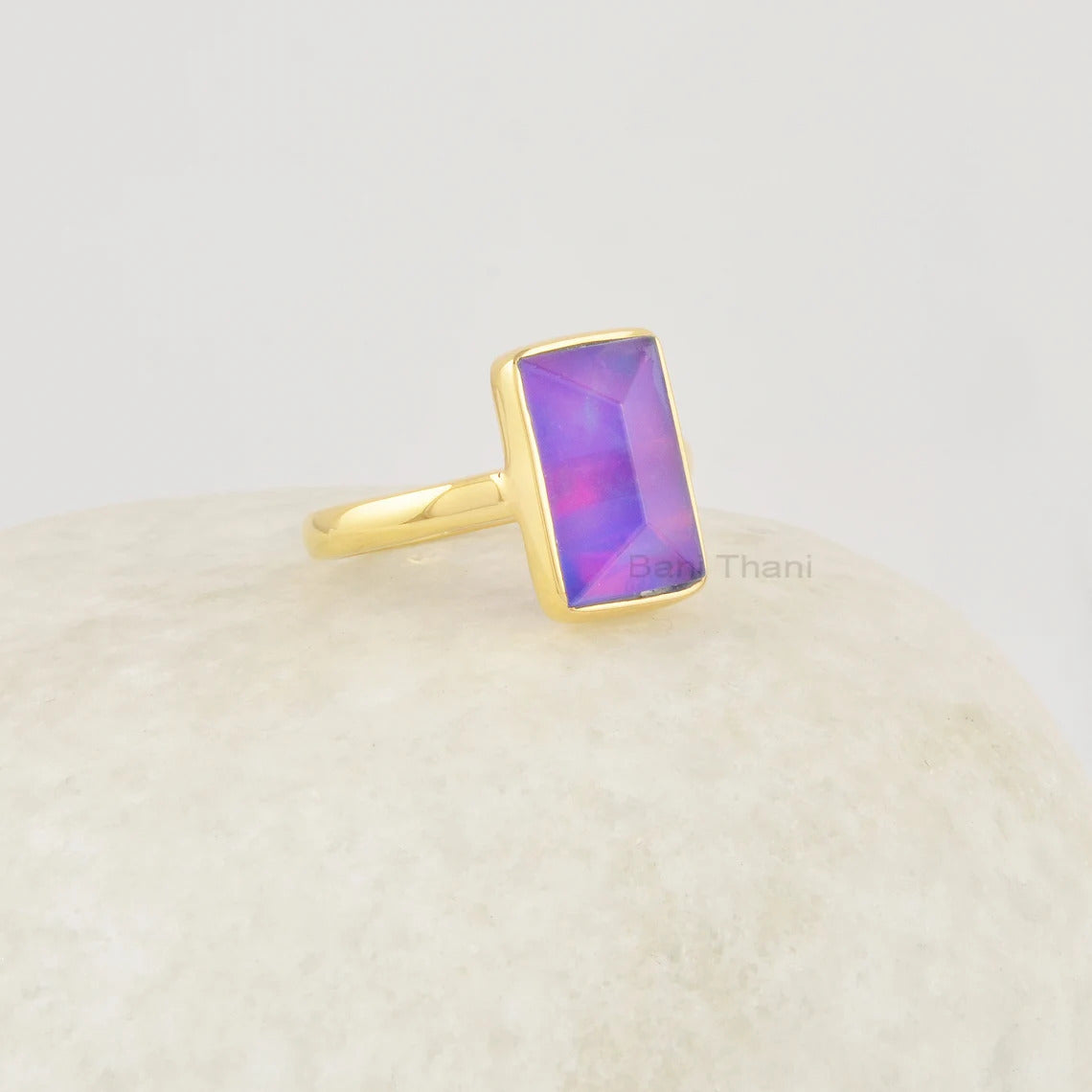 Purple Aurora Opal Ring, 8x12mm Rectangular pyramid Gemstone Ring, Sterling Silver Birthstone Ring, Vintage Gold Plated Ring, Gift for Her