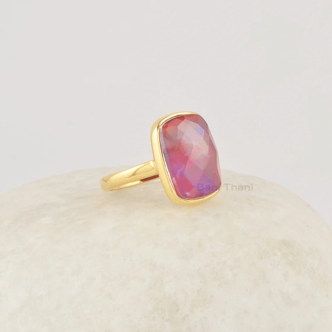 Red Cushion Ring, Aurora Opal 10x14mm Gemstone Ring, Handcrafted Sterling Silver Ring, Cushion Cut 18k Gold Plated Ring For Lover Women