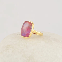 Red Cushion Ring, Aurora Opal 10x14mm Gemstone Ring, Handcrafted Sterling Silver Ring, Cushion Cut 18k Gold Plated Ring For Lover Women