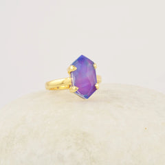 Hexagon Opal Ring, 8x15mm Aurora Opal Gemstone Ring, Sterling Silver Ring For Her, 18k Gold Plated Gift For Anniversary, Purple Opal Ring