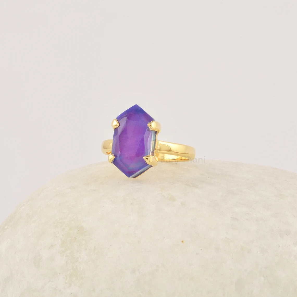 Hexagon Opal Ring, 8x15mm Aurora Opal Gemstone Ring, Sterling Silver Ring For Her, 18k Gold Plated Gift For Anniversary, Purple Opal Ring