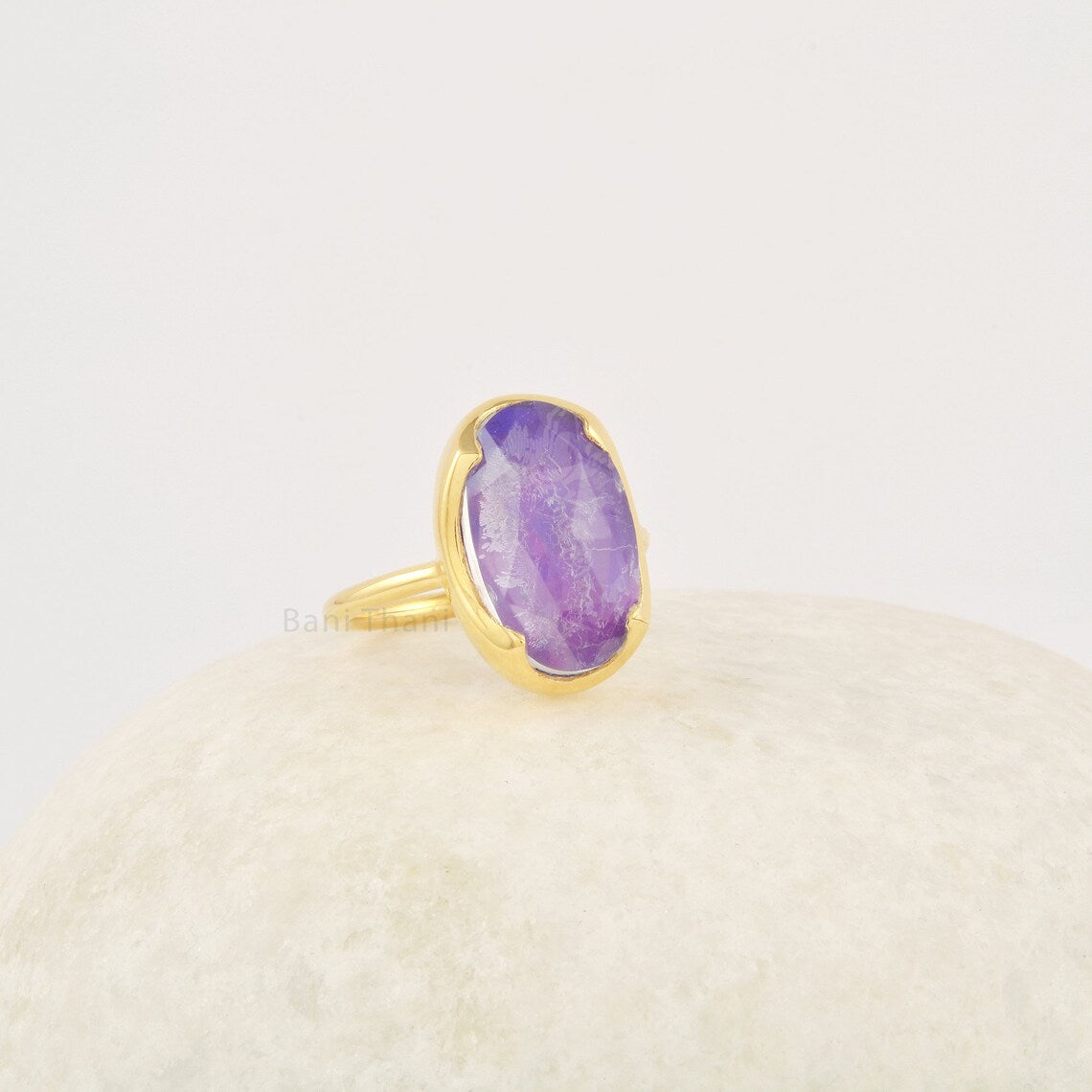 Boho Opal Ring, Aurora Opal 10x16mm Gemstone Ring, Handmade Faceted 18k Gold Plated Ring, Solid Silver Purple Opal Ring, Everyday Wear Ring